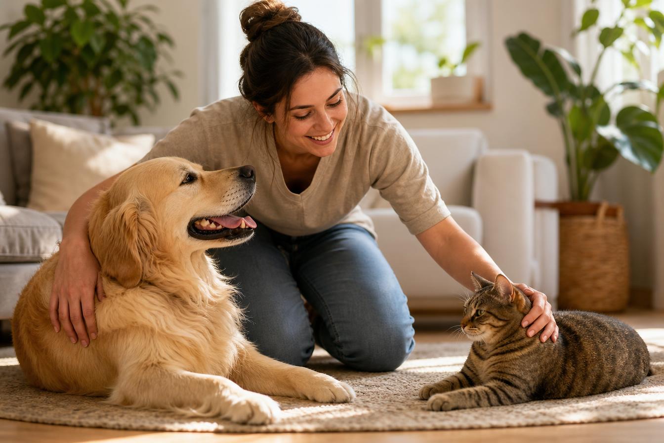 Happy dog and cat enjoying overnight dog boarding with a verified Paw-Stay pet sitter at home